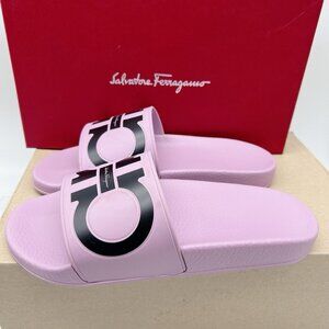 Salvatore Ferragamo Groove 6 Womens Gancini LOGO Slides Sandals Pink US 8